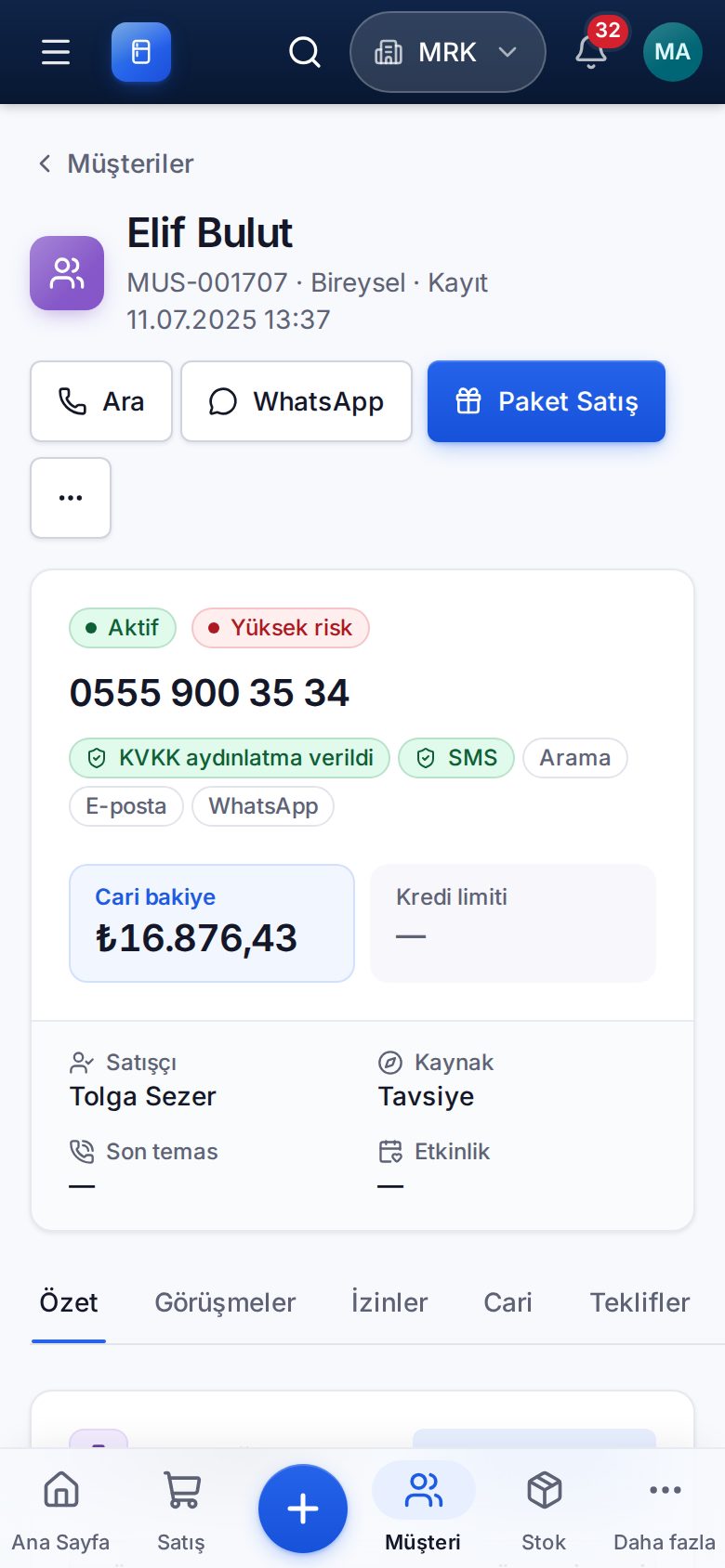 Telefonda müşteri kartı